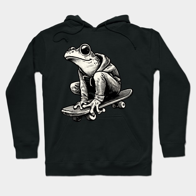 Retro Black and White Frog Skateboarder Hoodie by TomFrontierArt